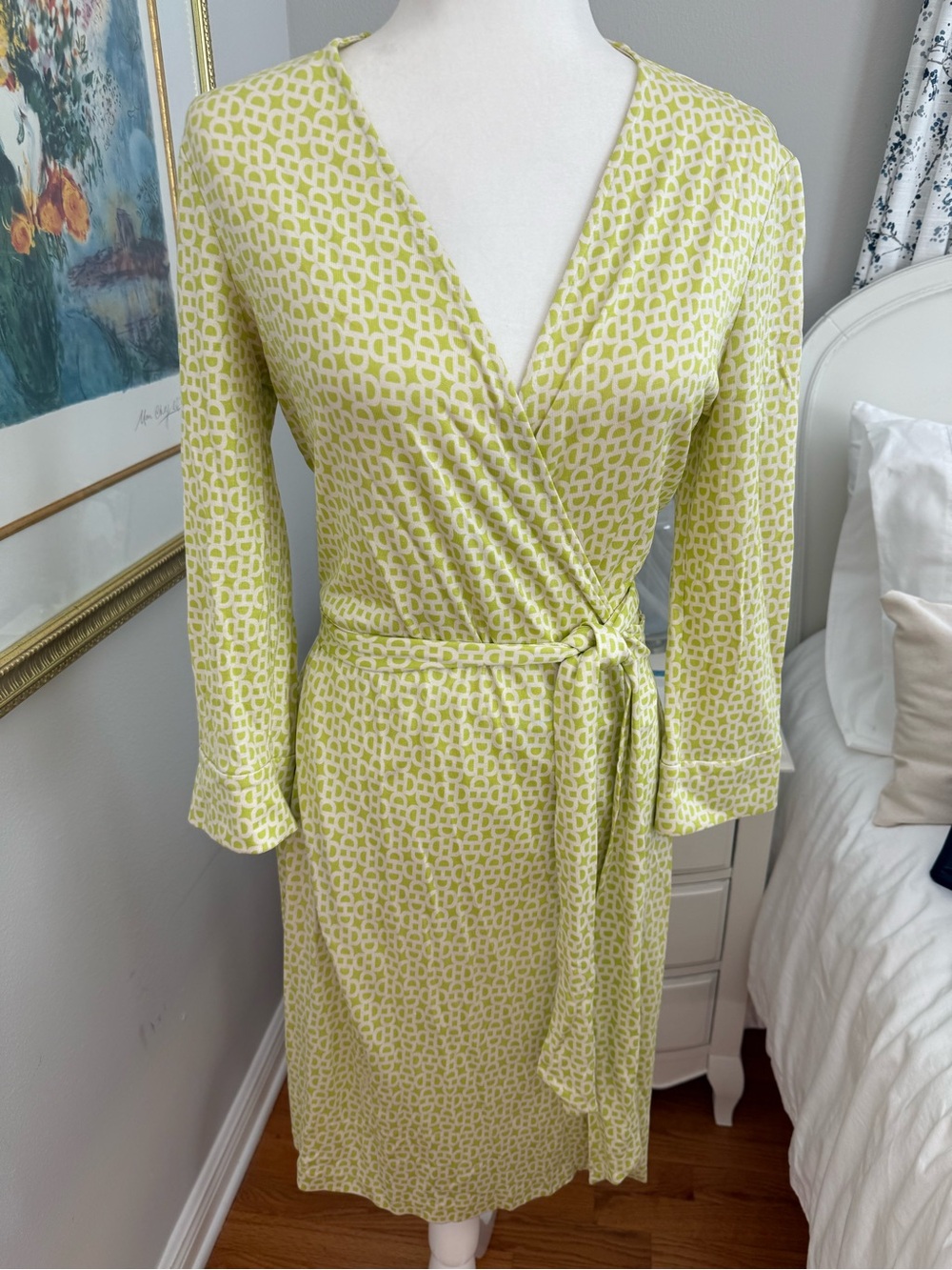 Diane Von Furstenberg Lime Green and White Wrap Midi Dress